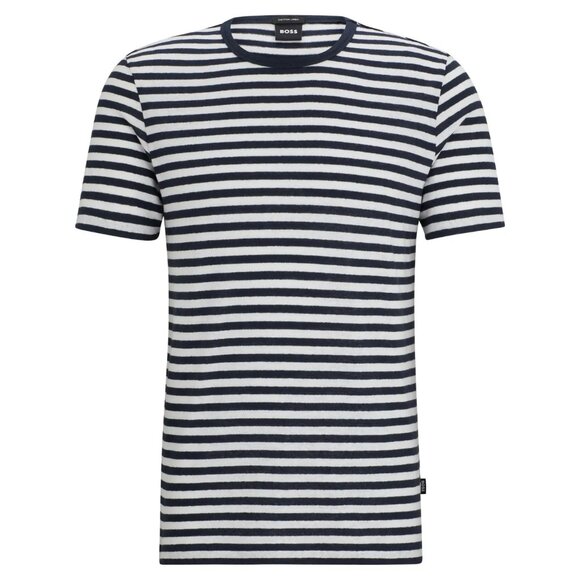 NEW! HUGO BOSS MEN'S Pure Linen Regular-fit T-shirt Blue Stripe MEDIUM CLASSIC - Picture 2 of 5
